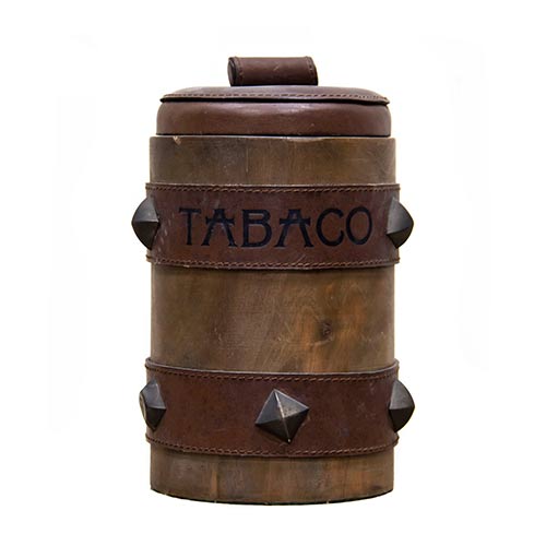Sub.:8-On - Lote: 1197 -  Tarro para guardar tabaco en madera y cuero.