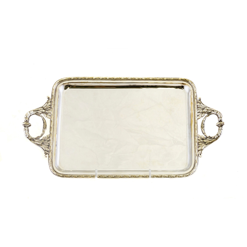 Sub.:8 - Lote: 1374 -  Bandeja de alpaca con asas laterales con trabajo floral.