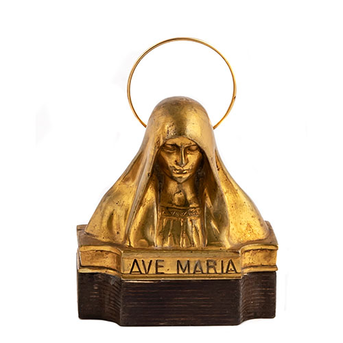 Sub.:9-On - Lote: 665 -  Virgen con inscripcin de Ave Mara, realizada en bronce con base en madera.