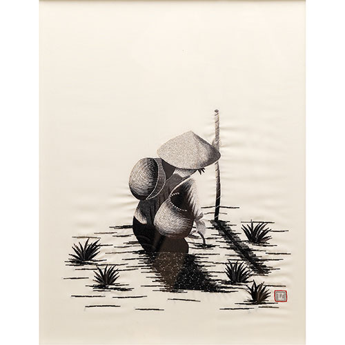 Sub.:9-On - Lote: 400 -  Tela de seda japonesa con escena bordad de la recogida de la cosecha. Enmarcada